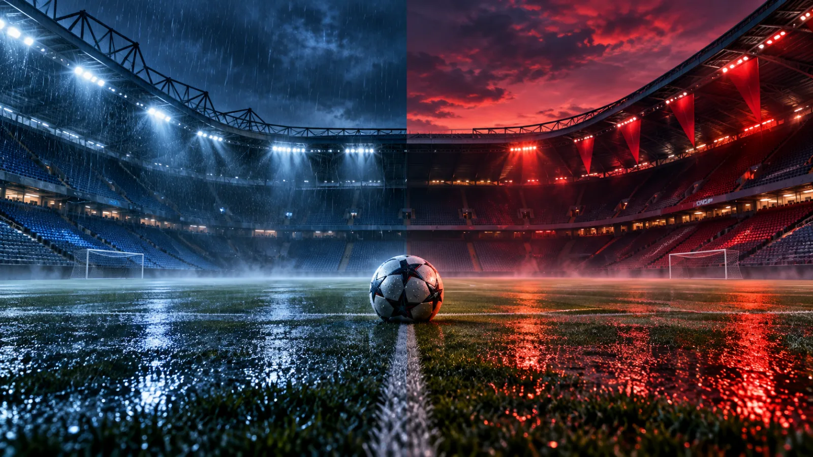 A split image of two floodlit stadiums at night, one side lit sky blue in the rain and the other lit navy and red at dusk, with a football resting on the wet centre line between them
