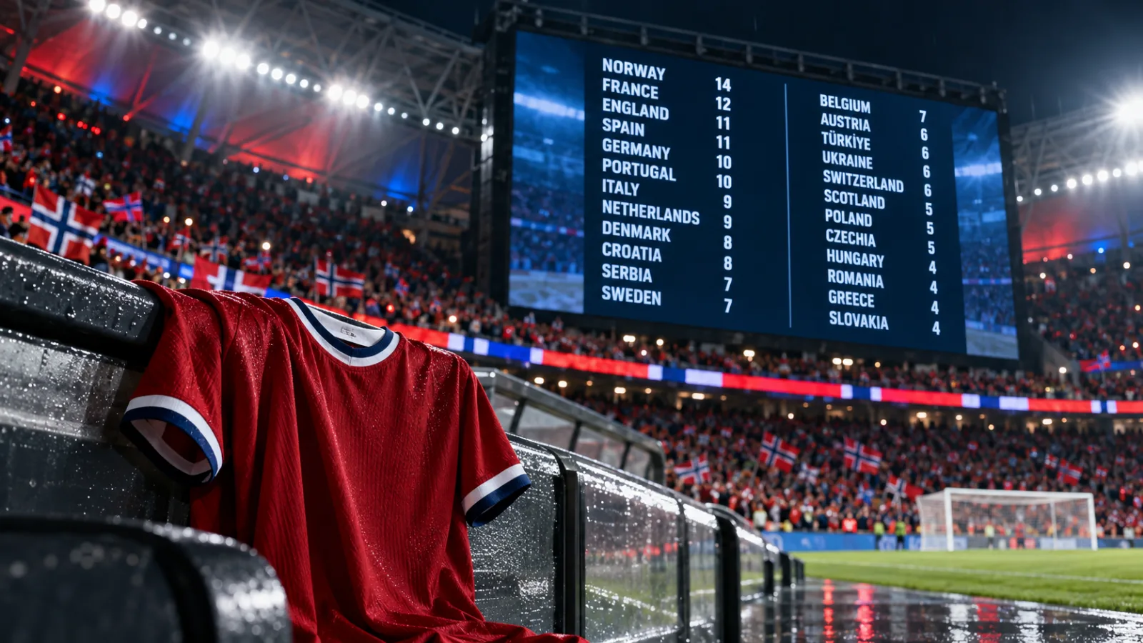 A rain-soaked red Norway shirt draped over a dugout rail in a floodlit stadium at night, with the big screen behind showing a list of national team names and goal tallies
