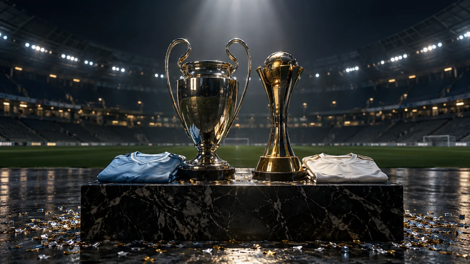 Two trophies lit by a spotlight on a dark marble plinth with a sky-blue shirt and a white shirt folded beside them, confetti on the wet floor and an empty stadium behind