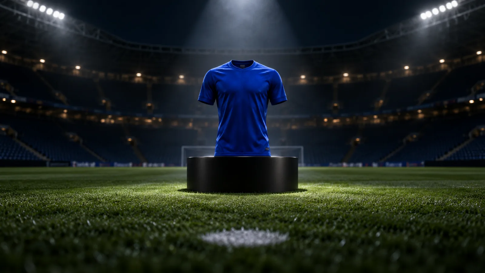 A royal-blue football shirt on a black podium under a single spotlight in an empty stadium at night, a faint white penalty spot on the grass in the foreground and a goal behind