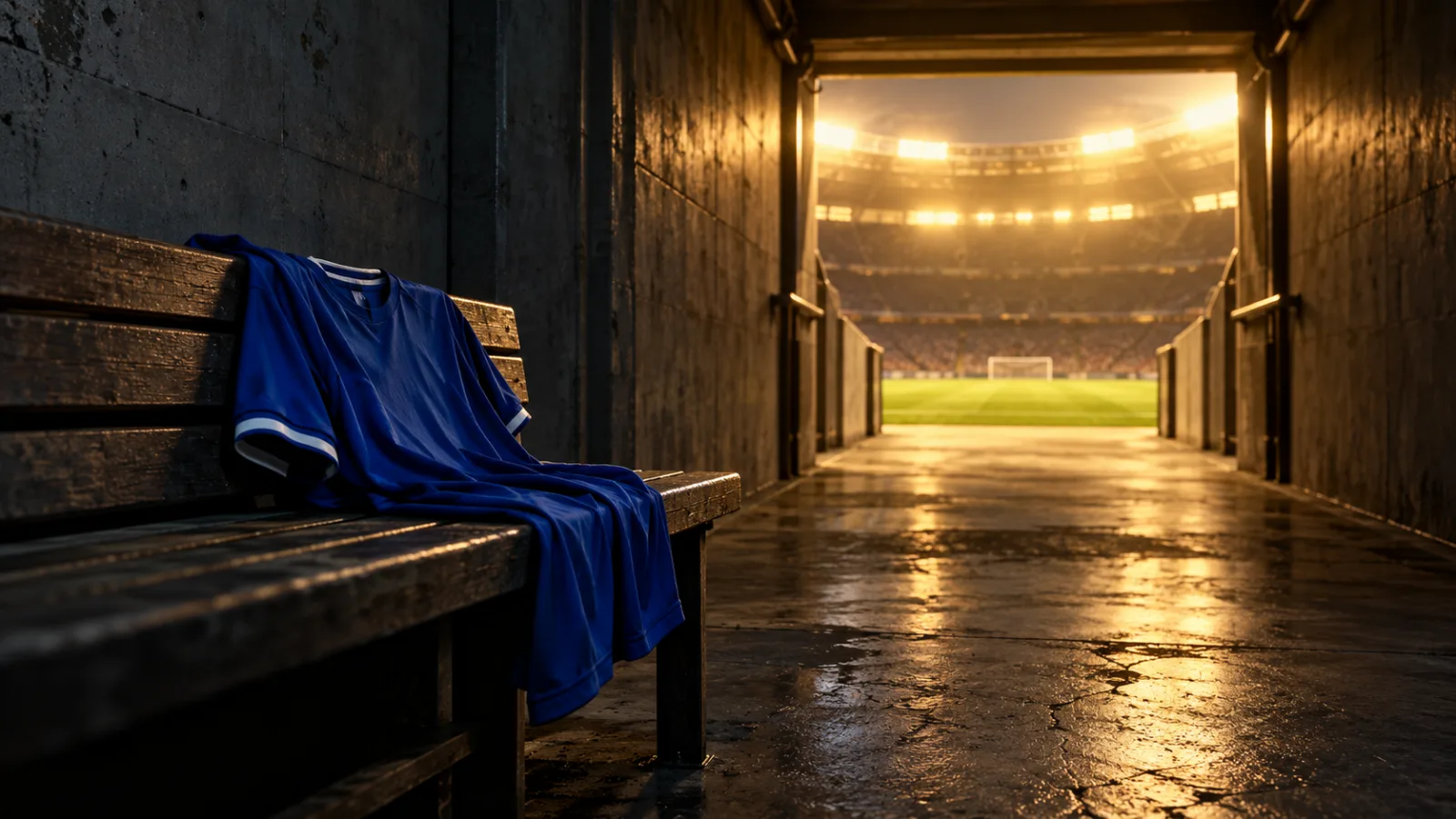 A blue football shirt draped over a wooden bench in a dark stadium tunnel, the pitch and floodlights glowing gold at the end of the tunnel