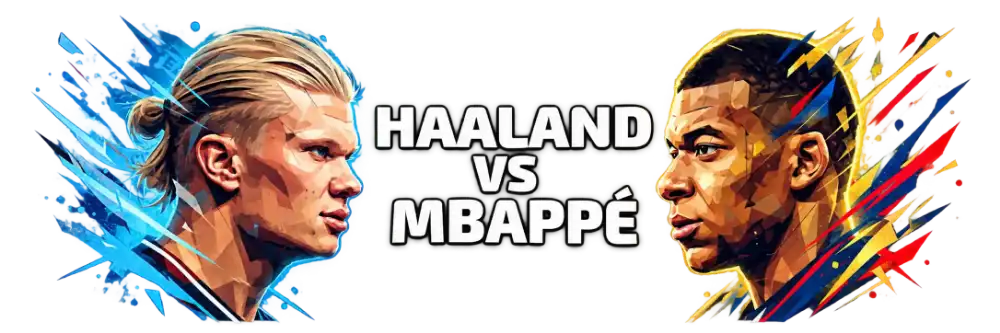 Erling Haaland in Manchester City sky blue and Kylian Mbappé in France blue facing each other, with the words Haaland vs Mbappé between them